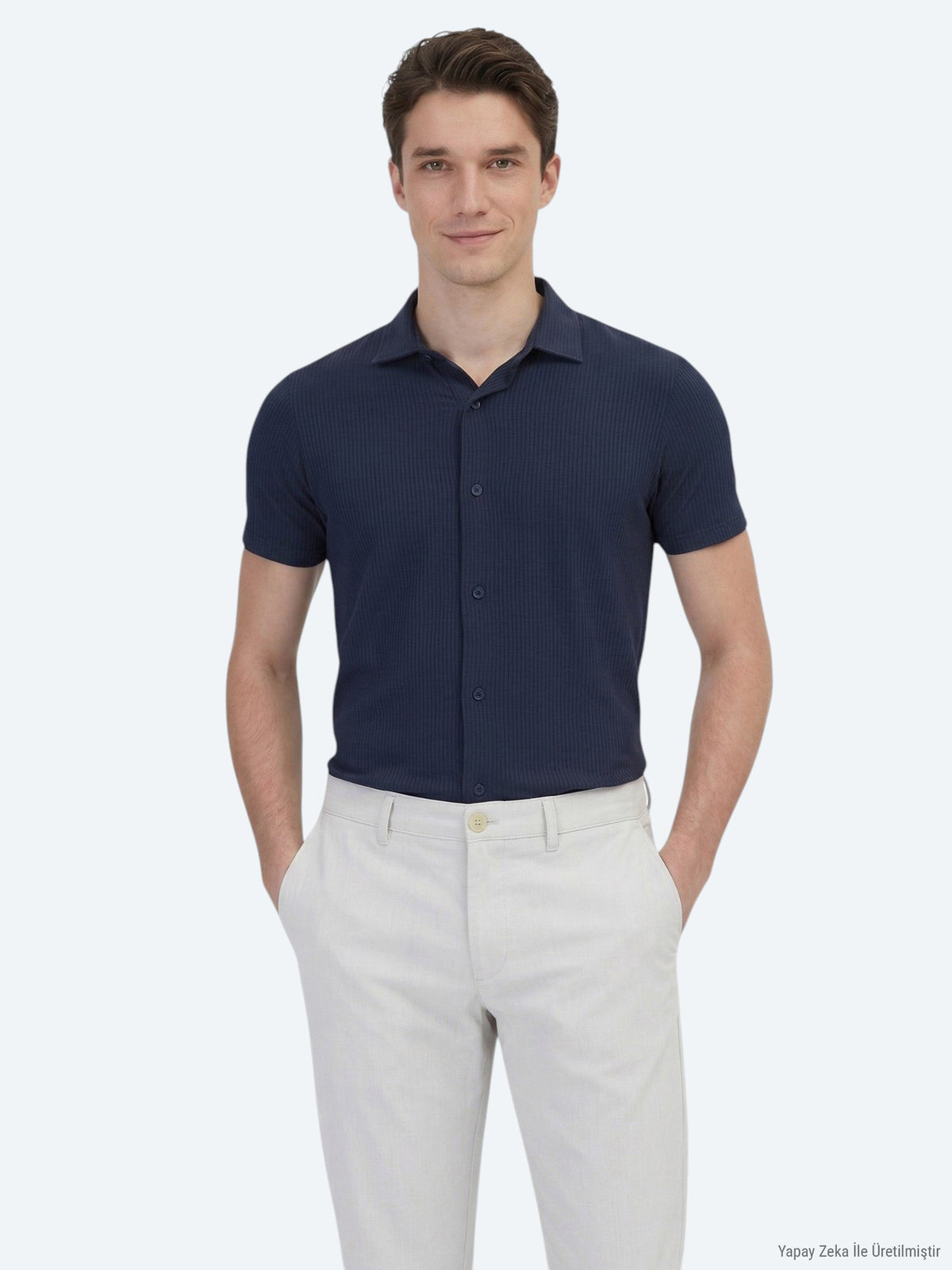 Lacivert Desenli Regular Fit Kısa Casual Gömlek