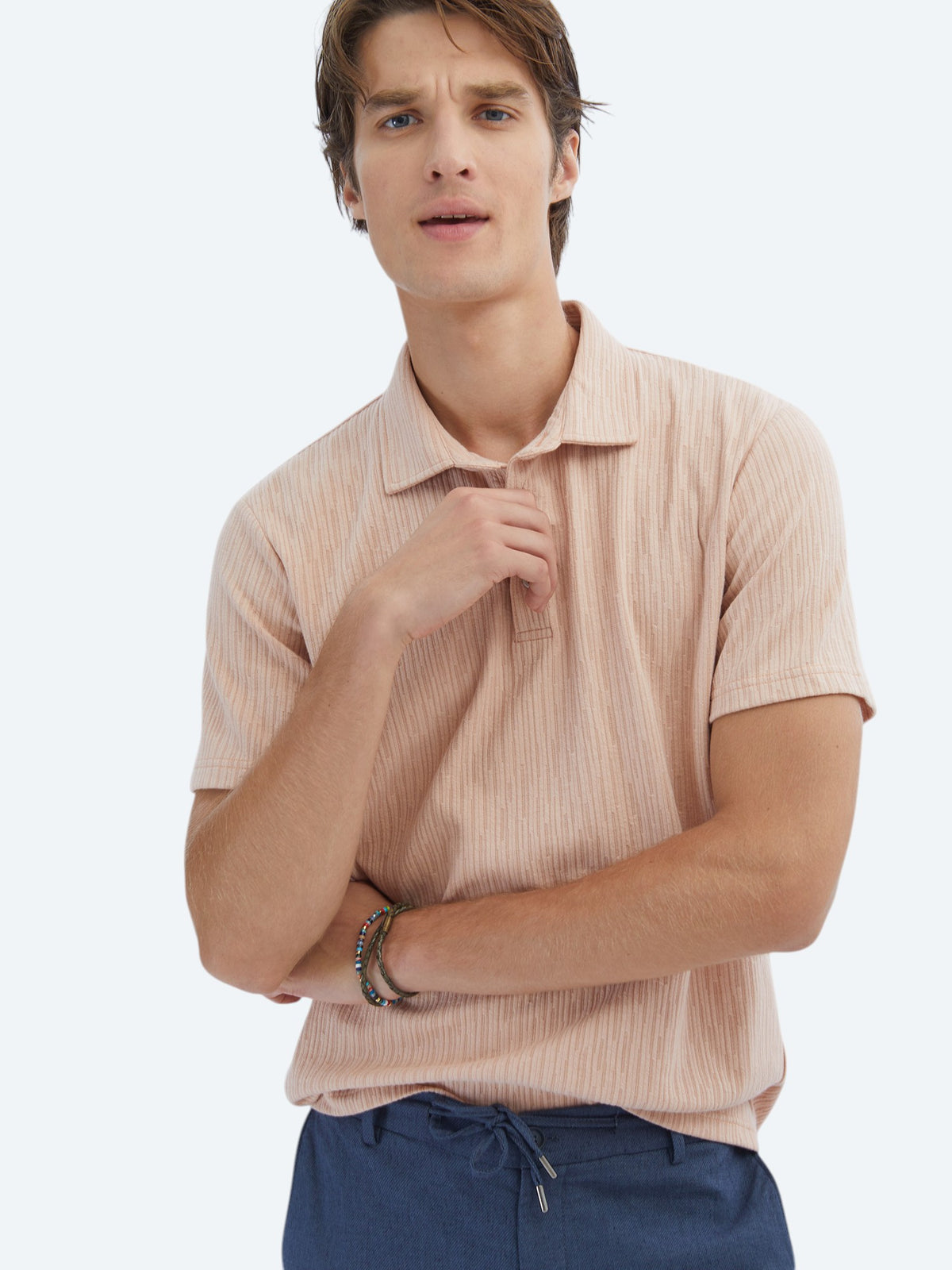 Somon Desenli Polo Yaka Pamuk Karışımlı T-Shirt