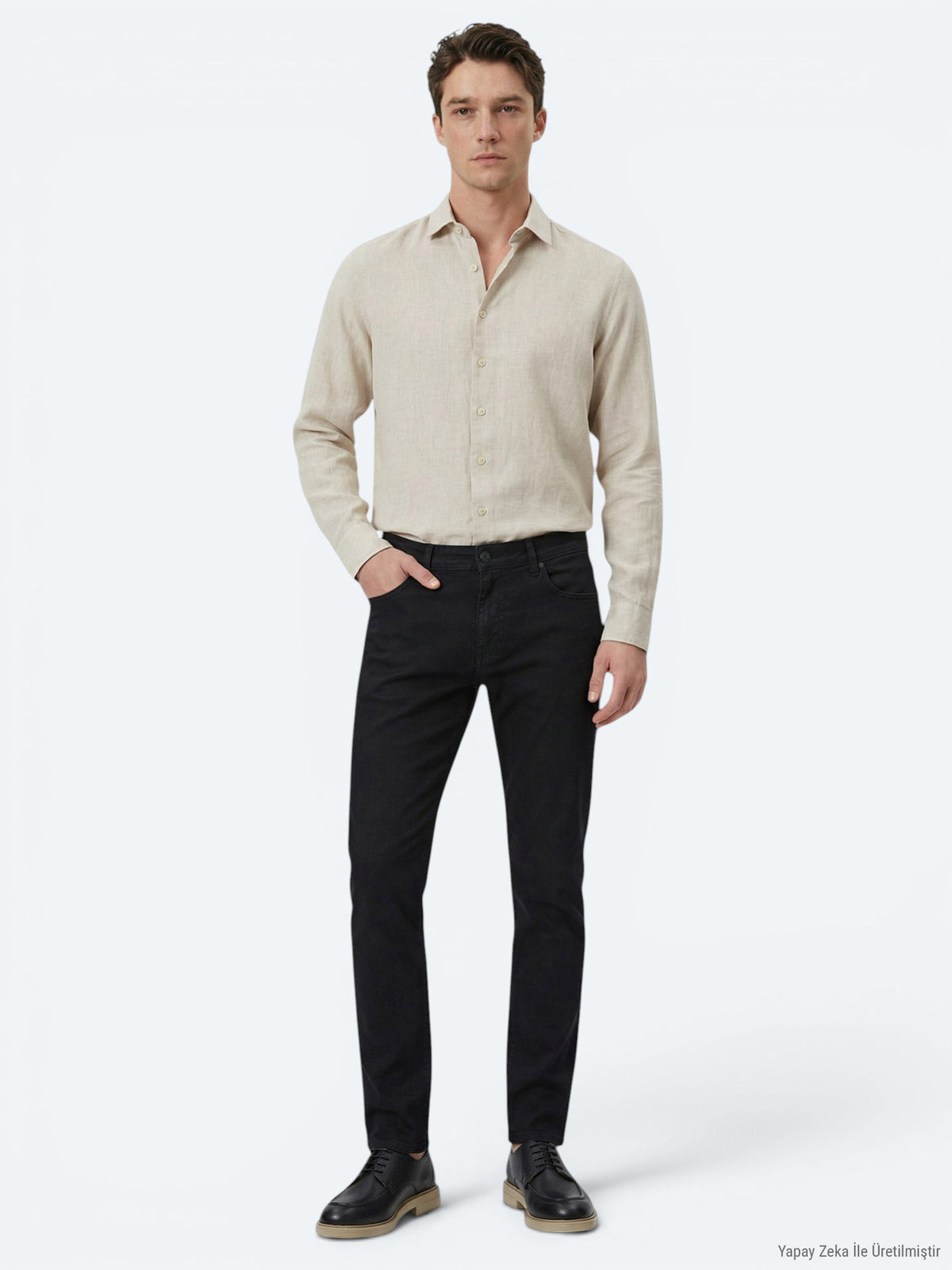 Ekru Düz Regular Fit Uzun Dokuma Casual Pamuk Karışımlı Gömlek