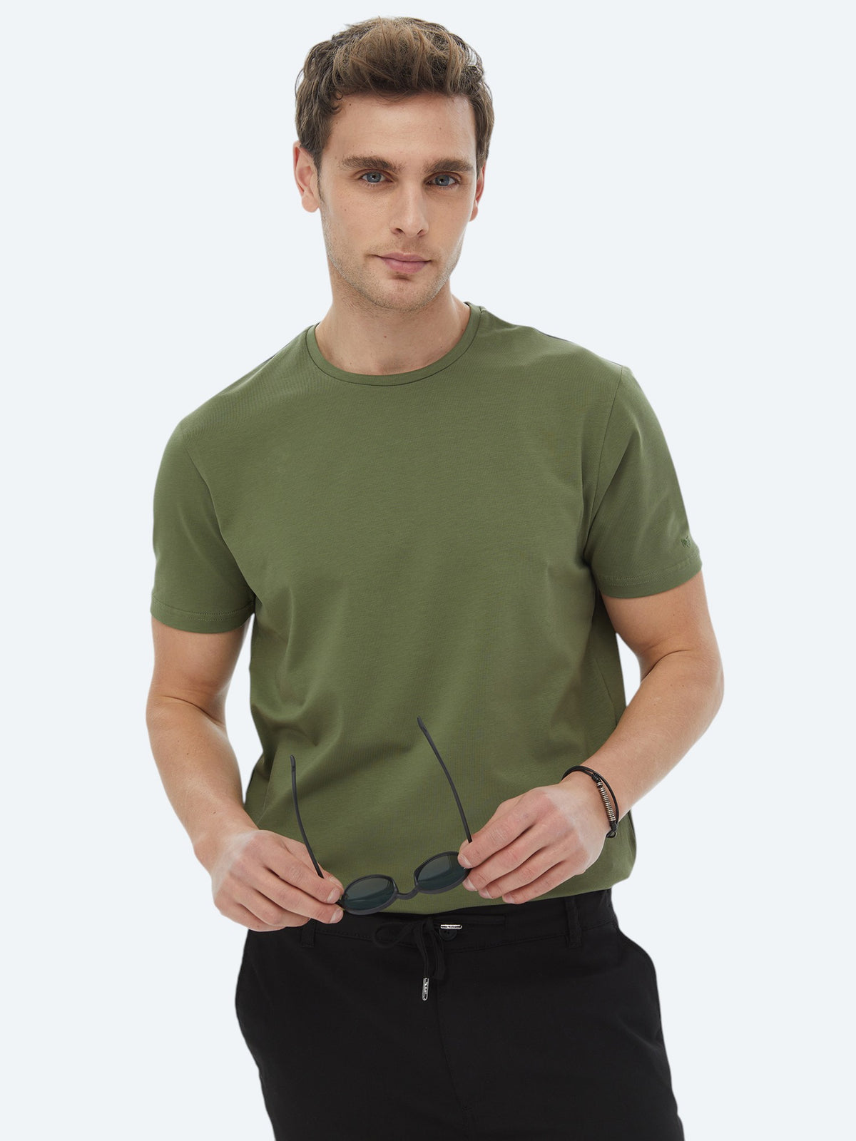 Haki Düz Bisiklet Yaka Pamuk Karışımlı T-Shirt
