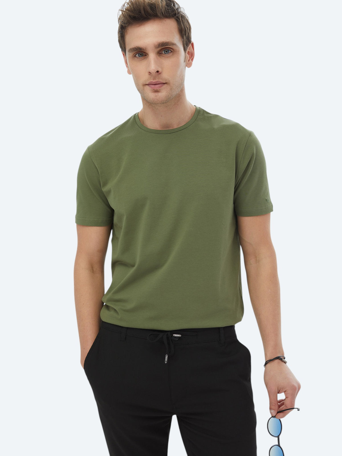 Haki Düz Bisiklet Yaka Pamuk Karışımlı T-Shirt