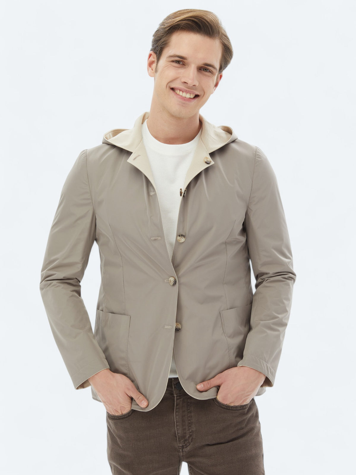 Bej Regular Fit Kapüşonlu Casual Örme Mont