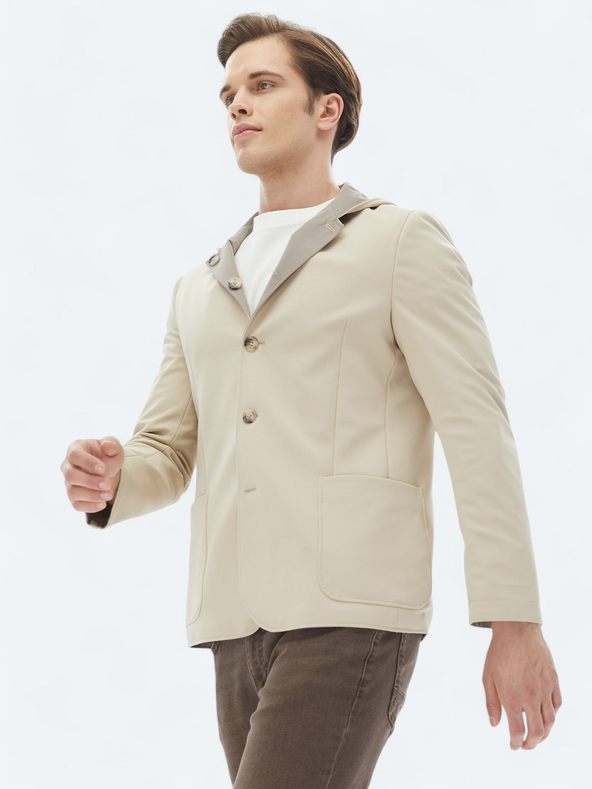 Bej Regular Fit Kapüşonlu Casual Örme Mont