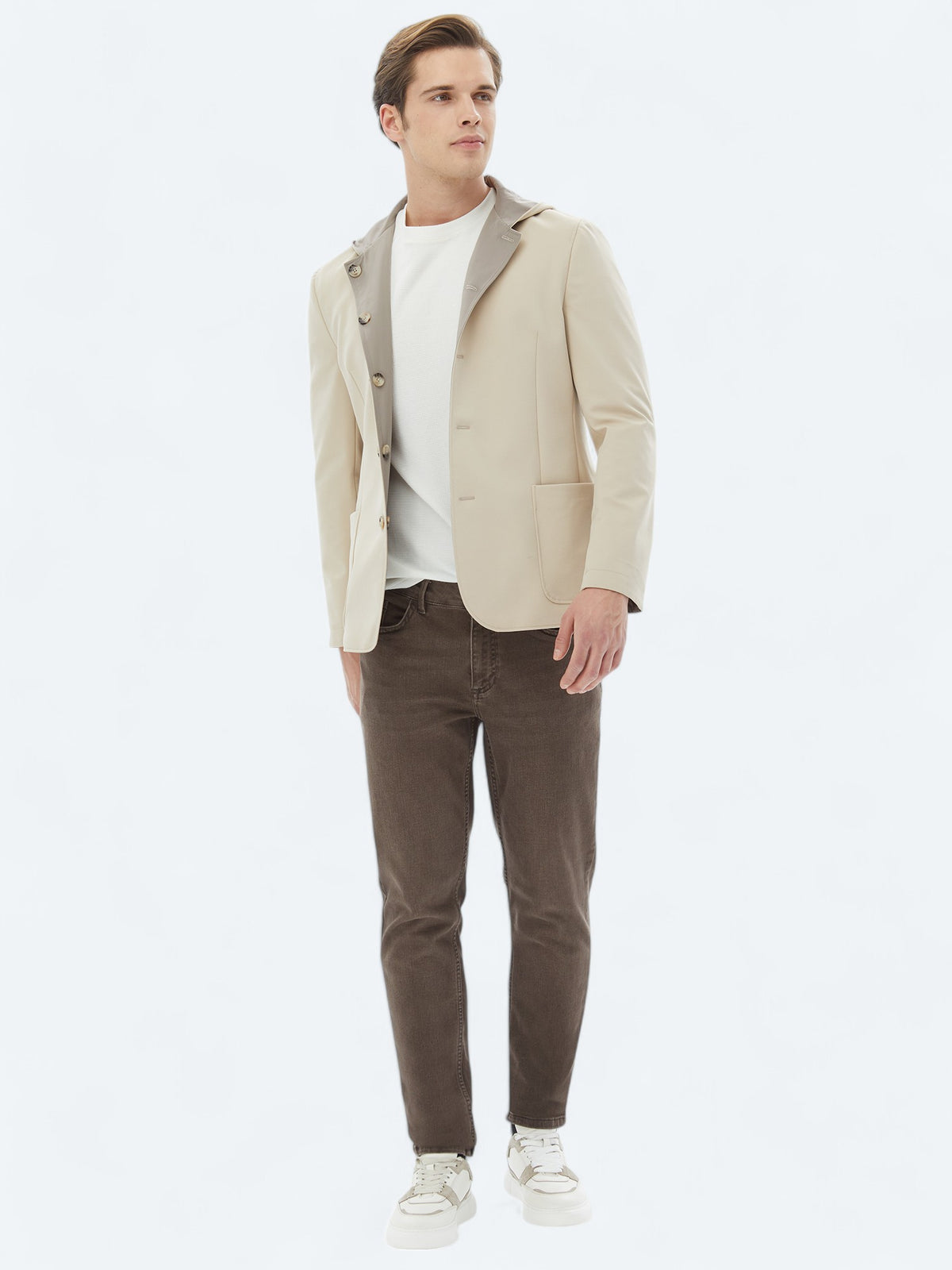 Bej Regular Fit Kapüşonlu Casual Örme Mont