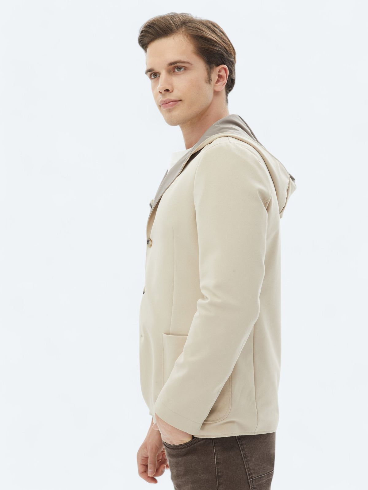 Bej Regular Fit Kapüşonlu Casual Örme Mont