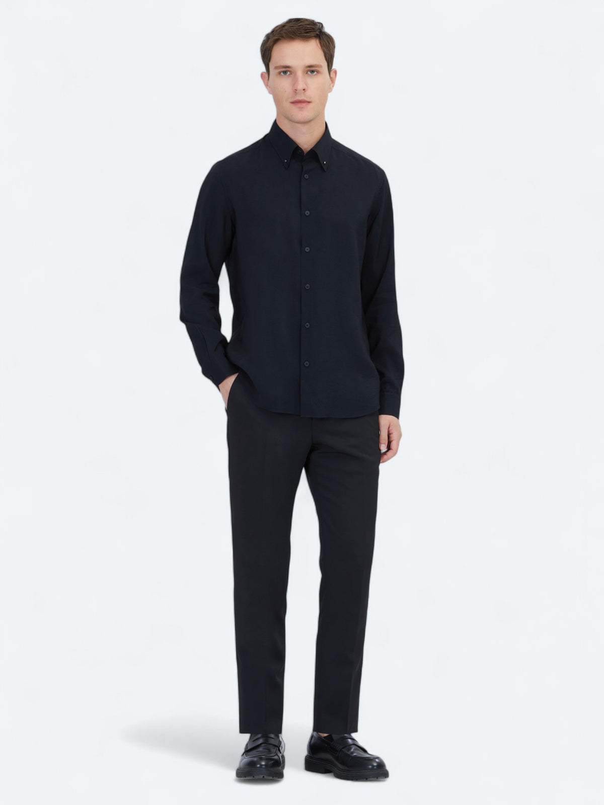 Siyah Regular Fit Uzun Dokuma Casual Gömlek