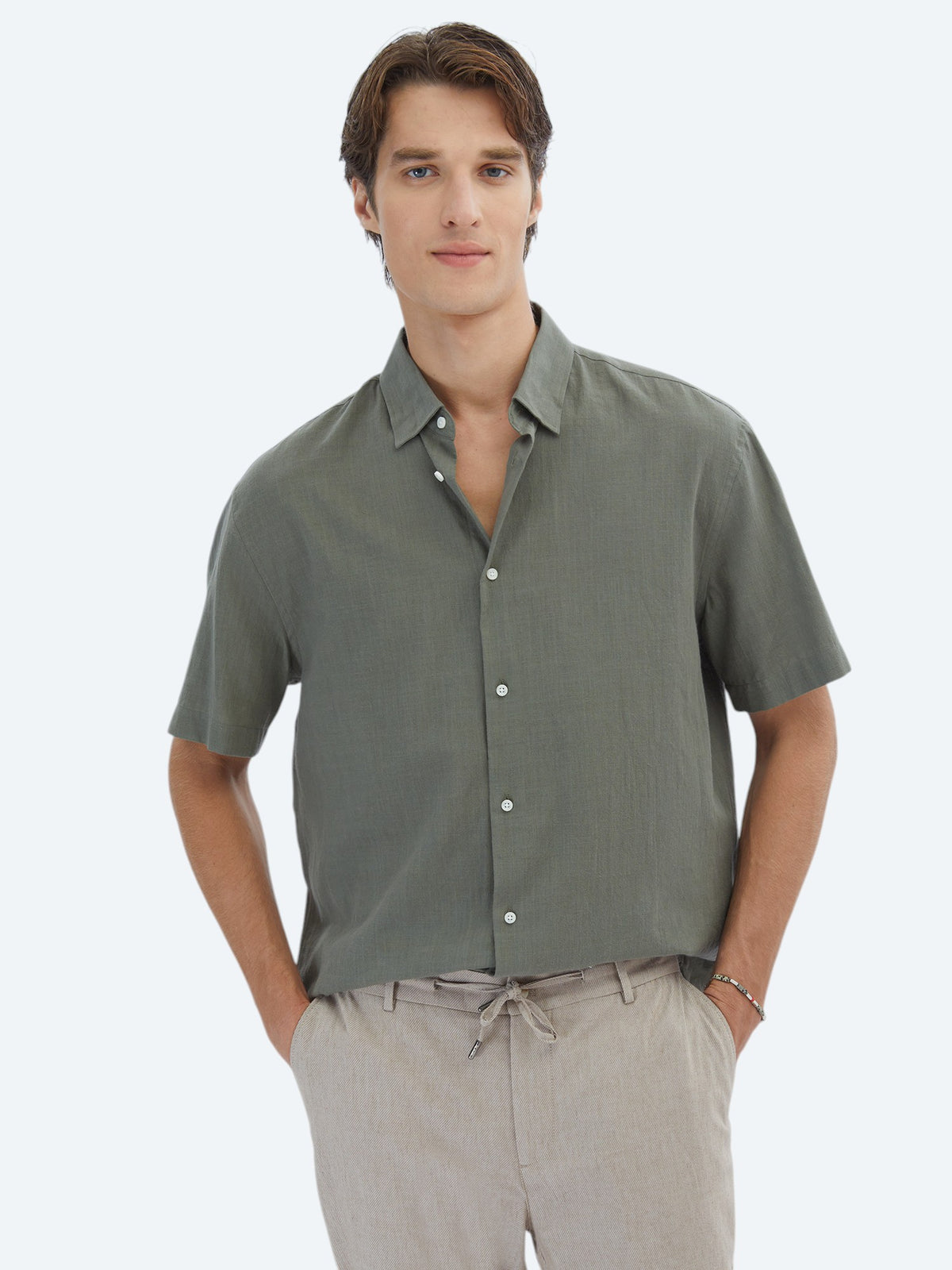 Haki Oversize Fit Kısa Dokuma Casual %100 Pamuk Gömlek