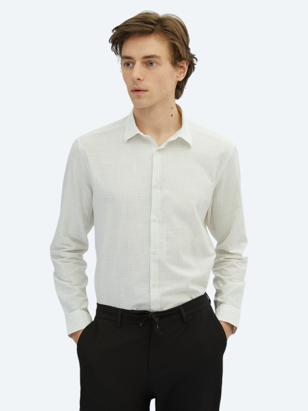 Haki Çizgili Regular Fit Uzun Dokuma Casual %100 Pamuk Gömlek