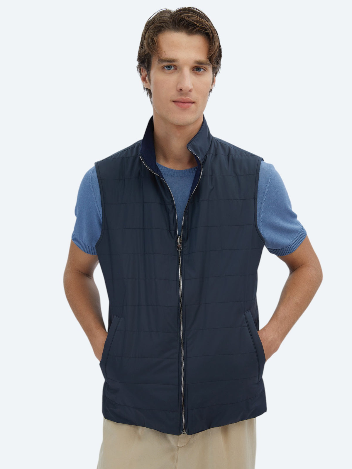 Lacivert Regular Fit Dik Yaka Casual Dokuma Spor Yelek