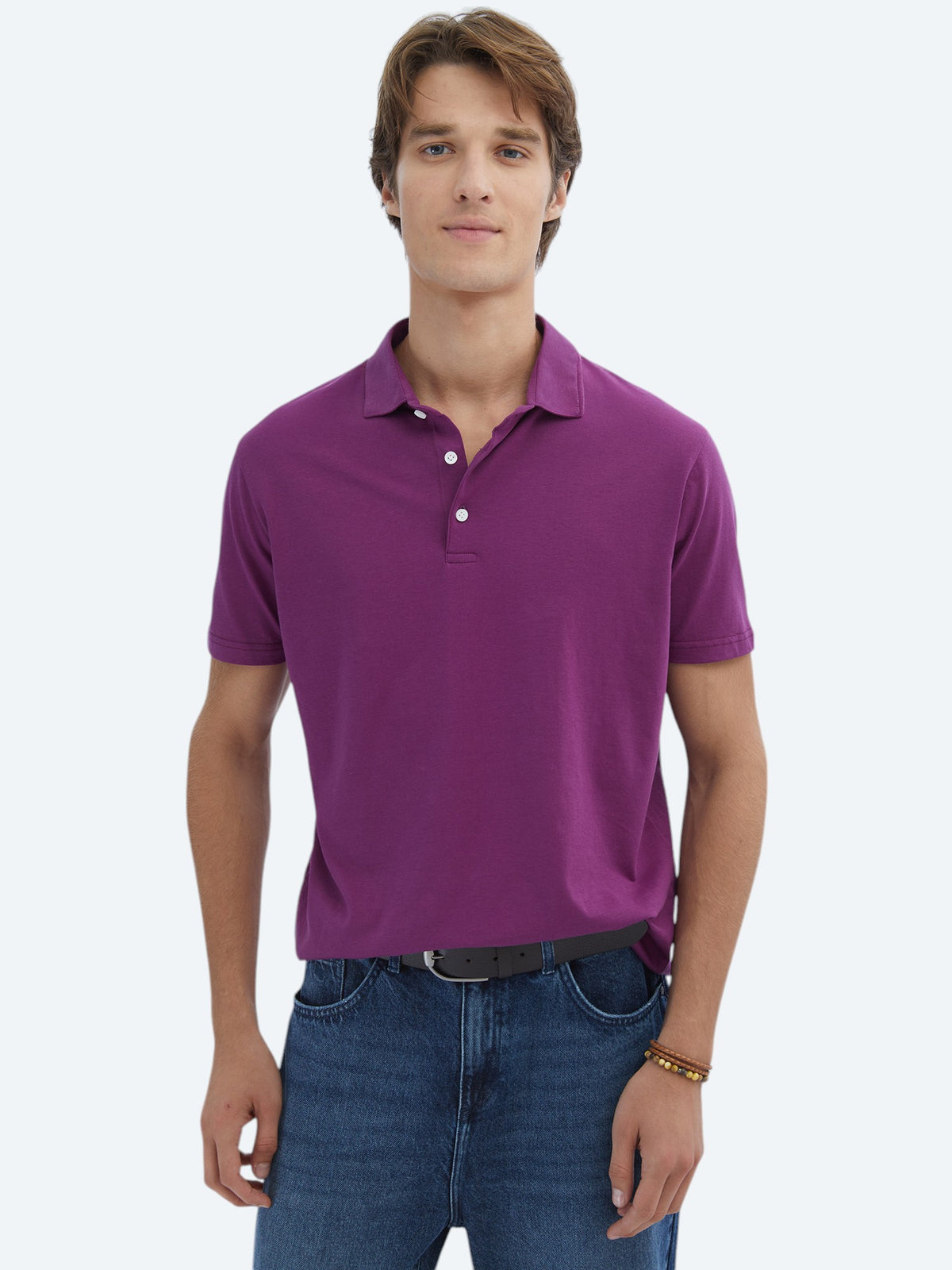 Mürdüm Düz Polo Yaka %100 Pamuk T-Shirt