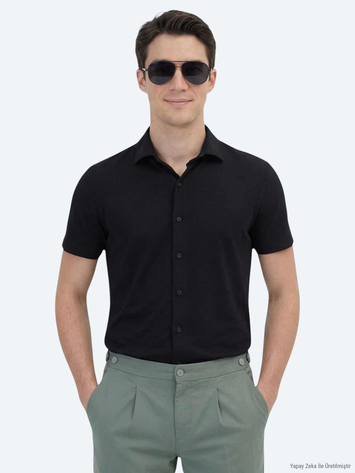 Siyah Düz Regular Fit Kısa Casual Gömlek