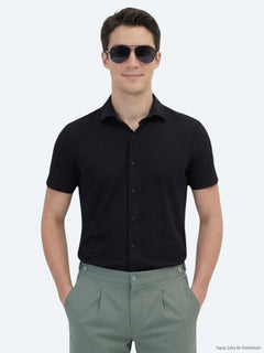 Siyah Düz Regular Fit Kısa Casual Gömlek