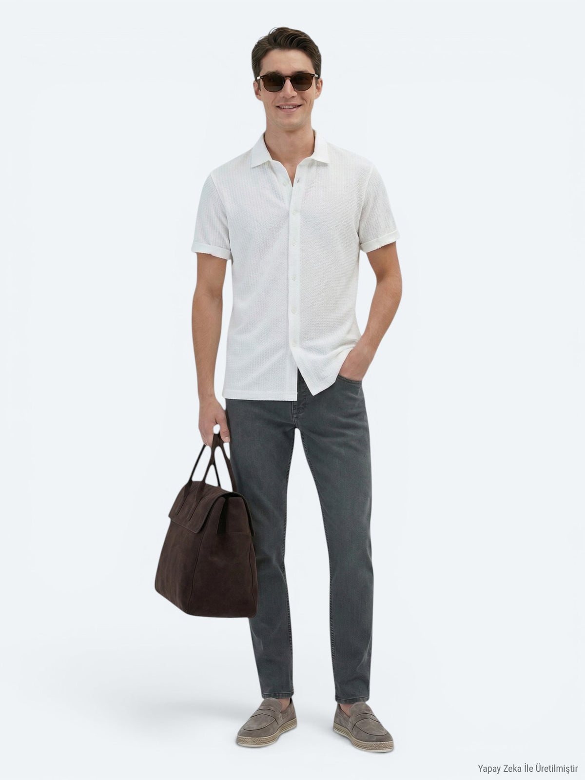 Beyaz Desenli Regular Fit Kısa Casual %100 Pamuk Gömlek