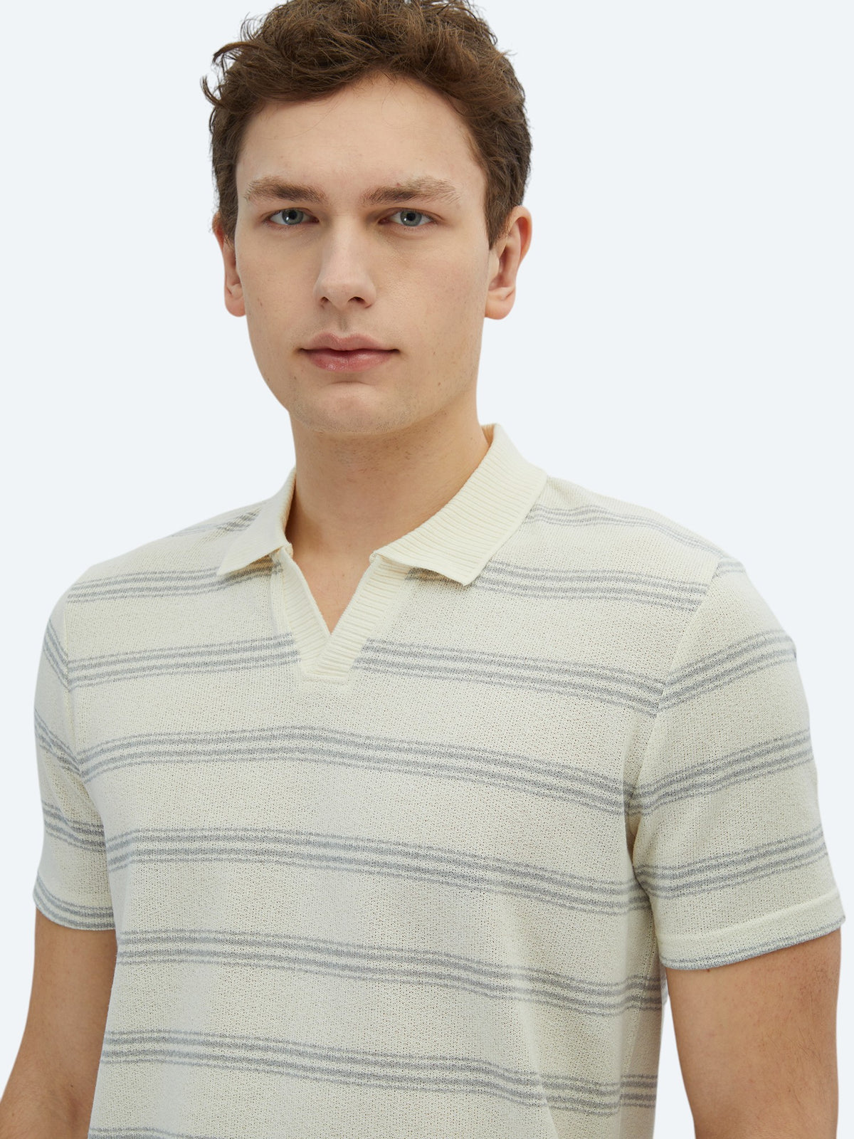 Gri Çizgili Polo Yaka Pamuk Karışımlı T-Shirt
