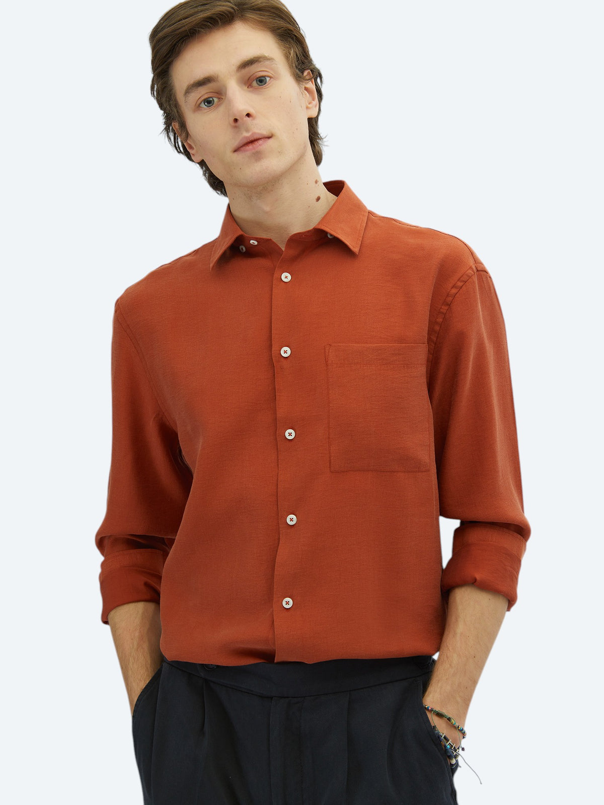 Kiremit Düz Oversize Fit Uzun Dokuma Casual Gömlek