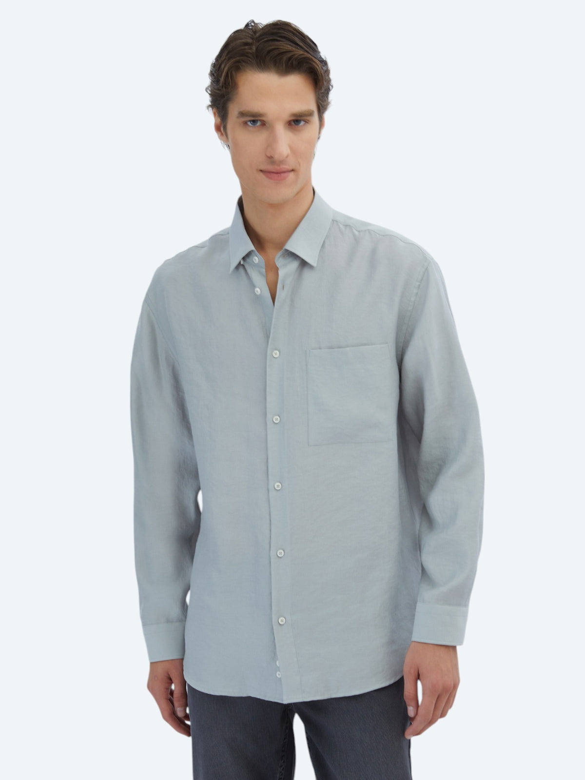 Gri Düz Oversize Fit Uzun Dokuma Casual Gömlek