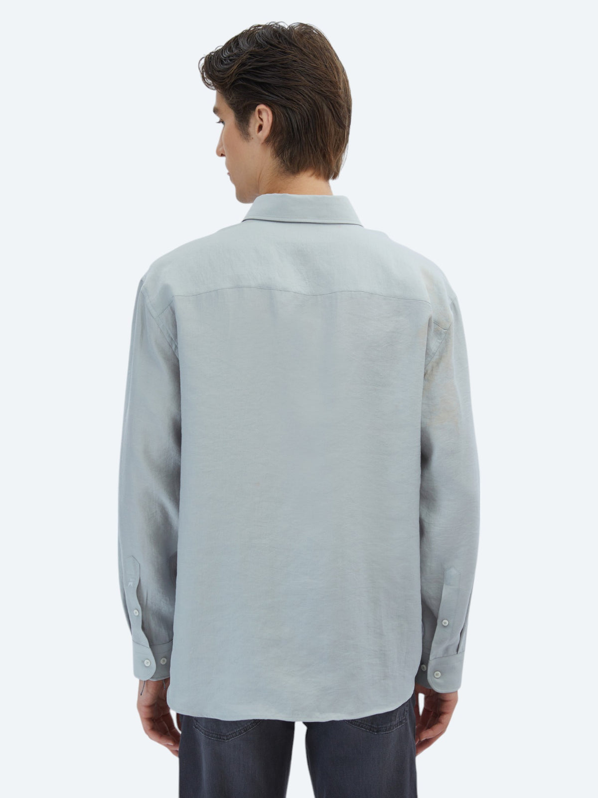 Gri Düz Oversize Fit Uzun Dokuma Casual Gömlek