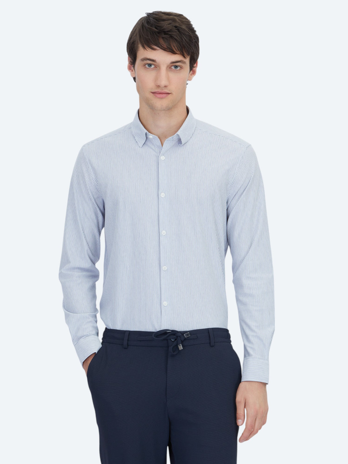 Mavi Çizgili Regular Fit Uzun Casual Pamuk Karışımlı Gömlek