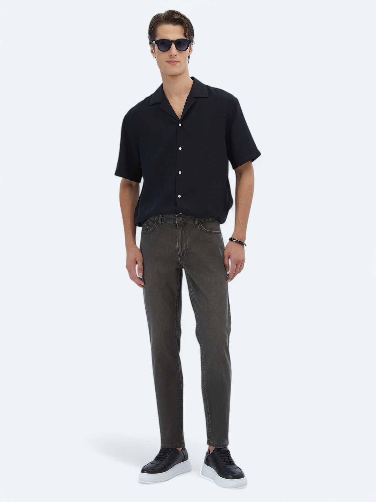 Siyah Düz Oversize Fit Kısa Dokuma Casual Gömlek