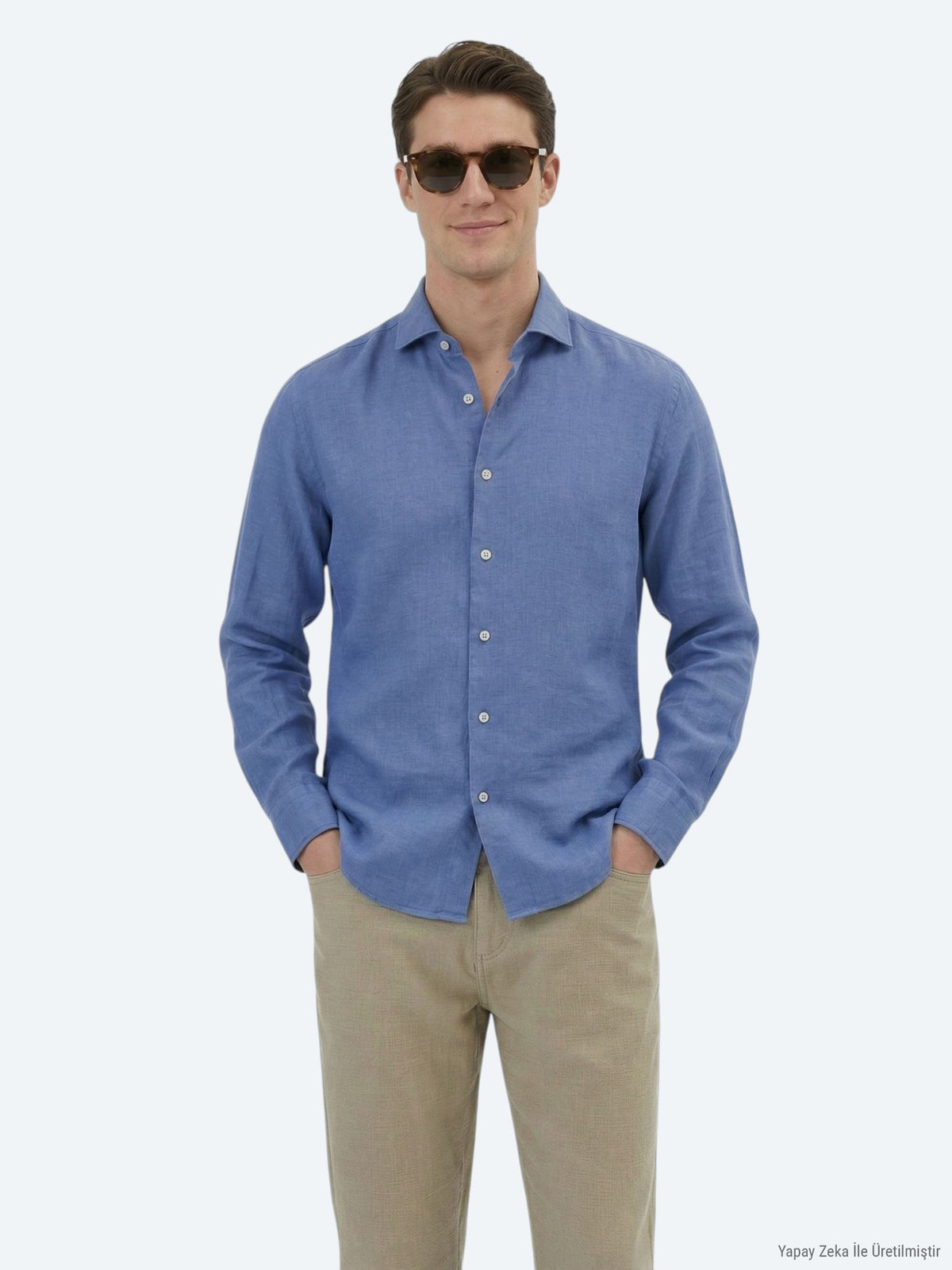 Havacı Mavi Düz Regular Fit Uzun Dokuma Casual Pamuk Karışımlı Gömlek
