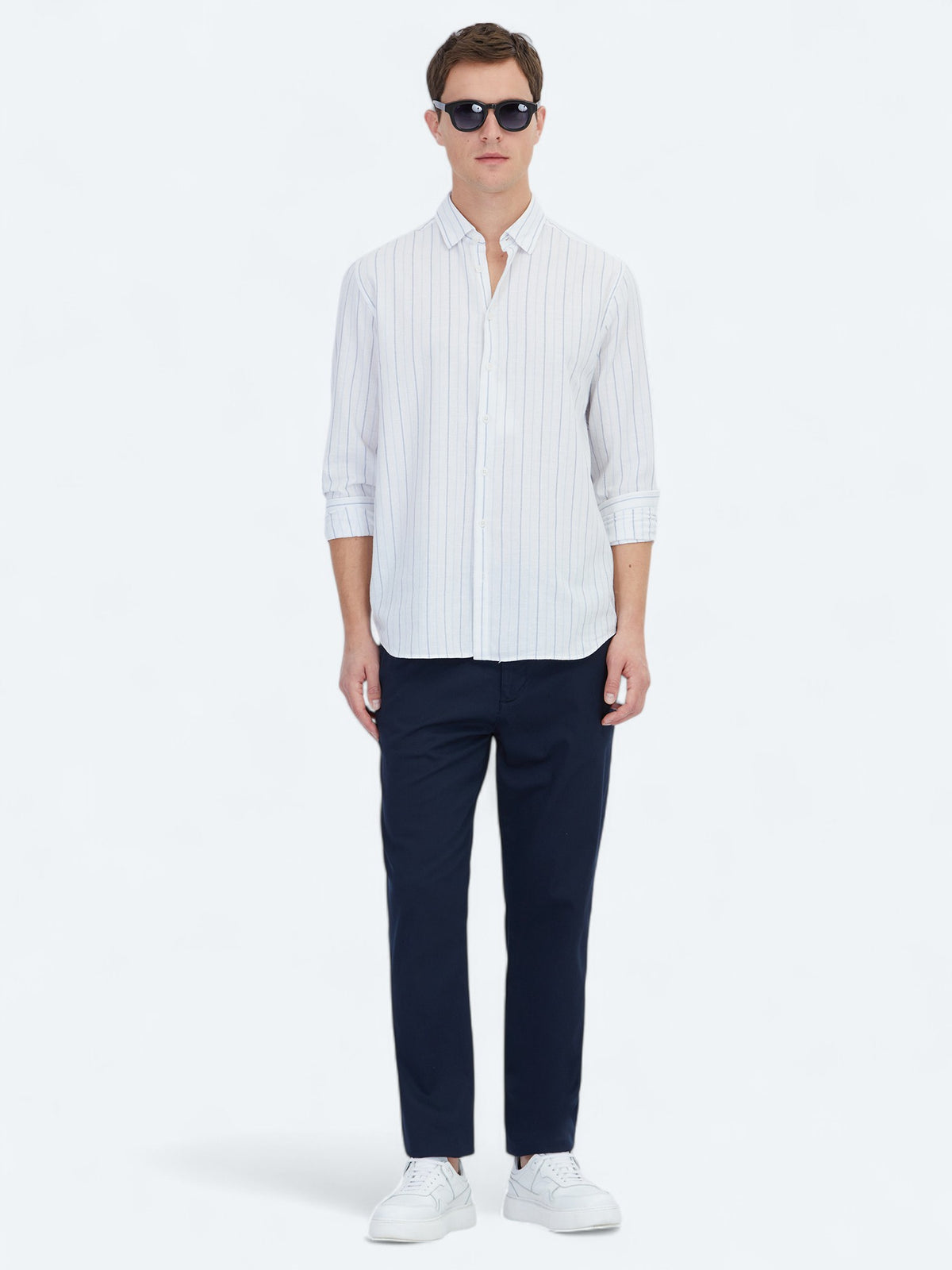 Mavi Çizgili Regular Fit Uzun Dokuma Casual %100 Pamuk Gömlek