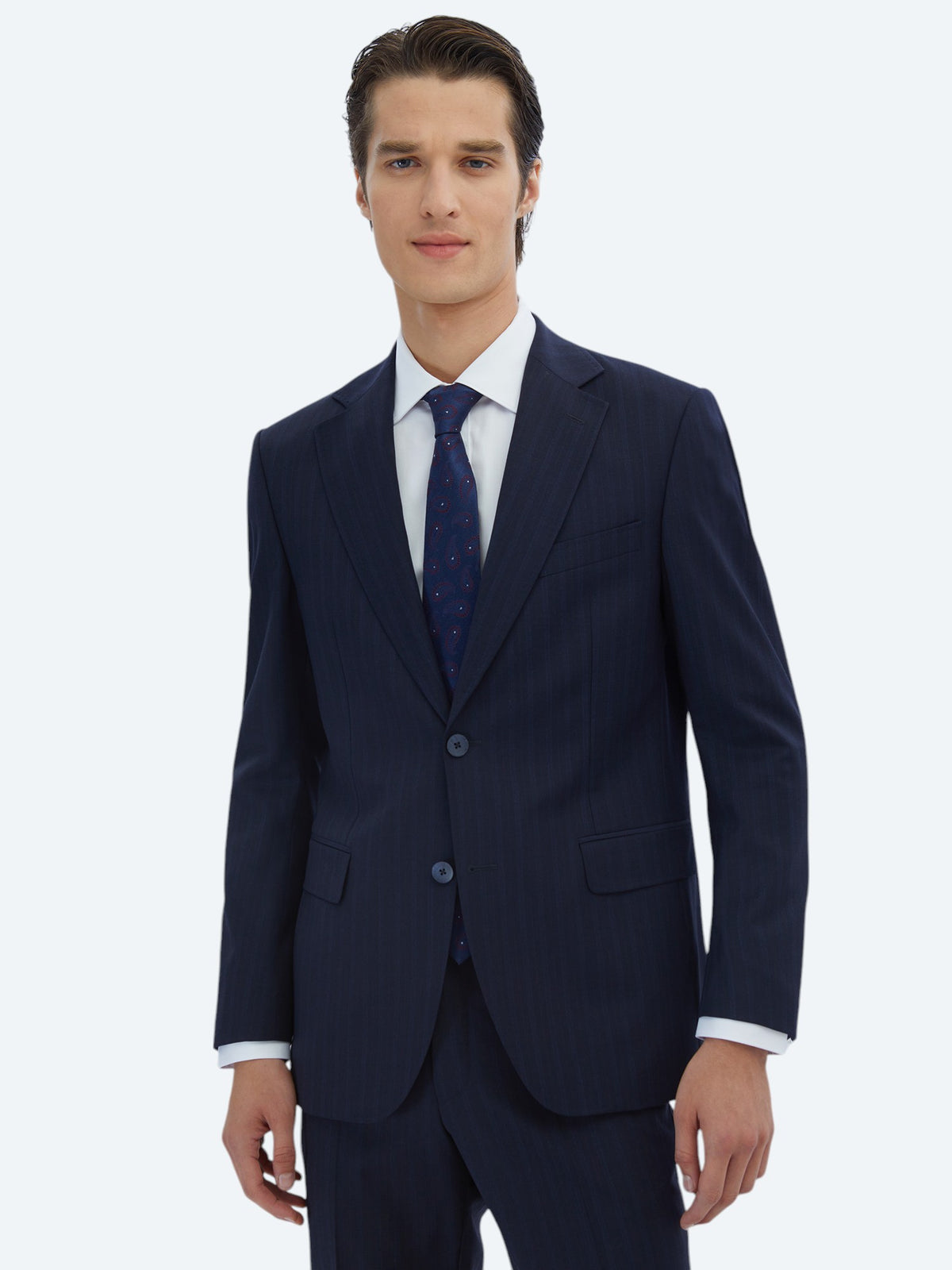 Lacivert Çizgili Modern Fit Yün Karışımlı Takım Elbise