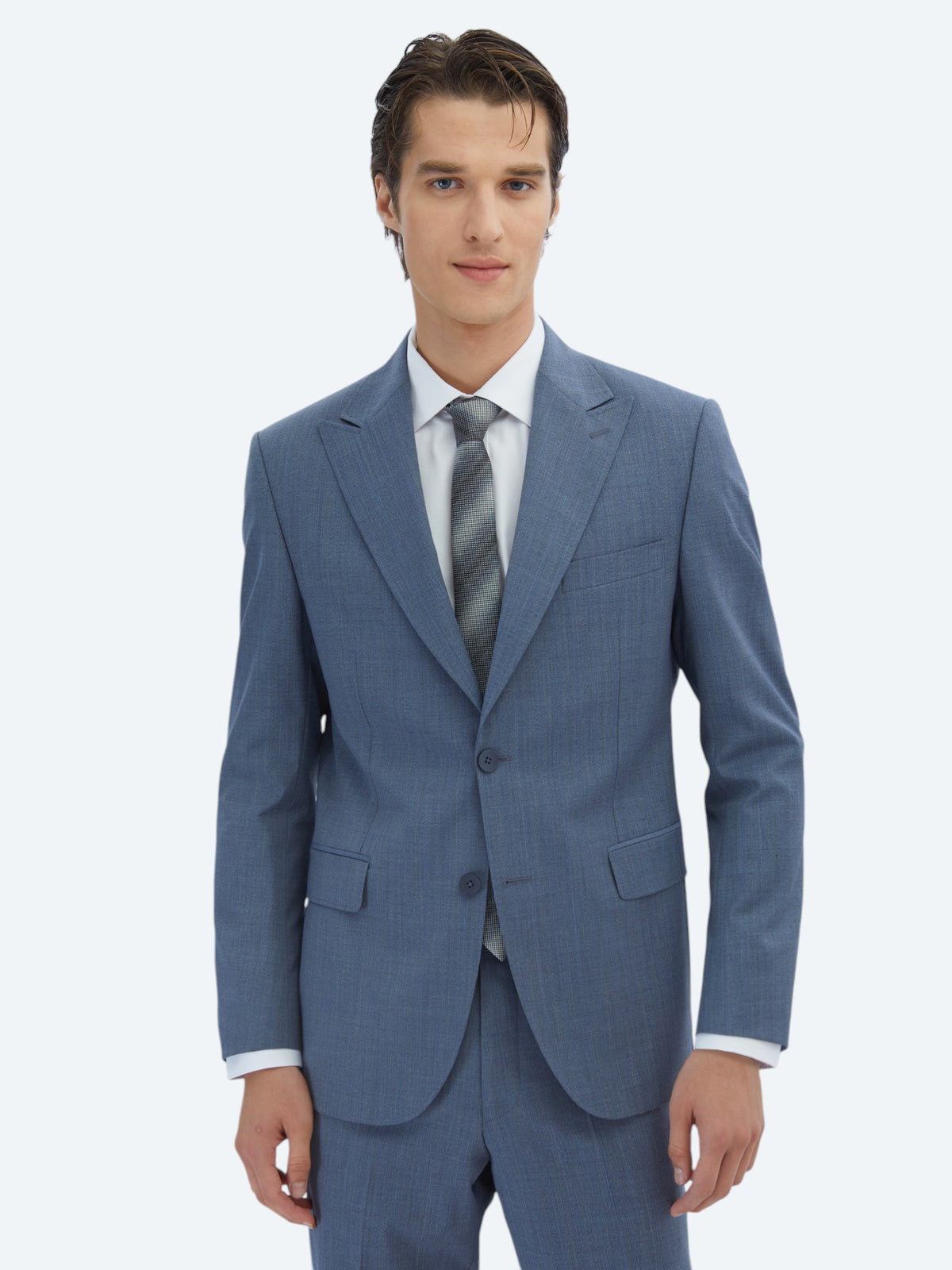 Mavi Çizgili Modern Fit Yün Karışımlı Takım Elbise