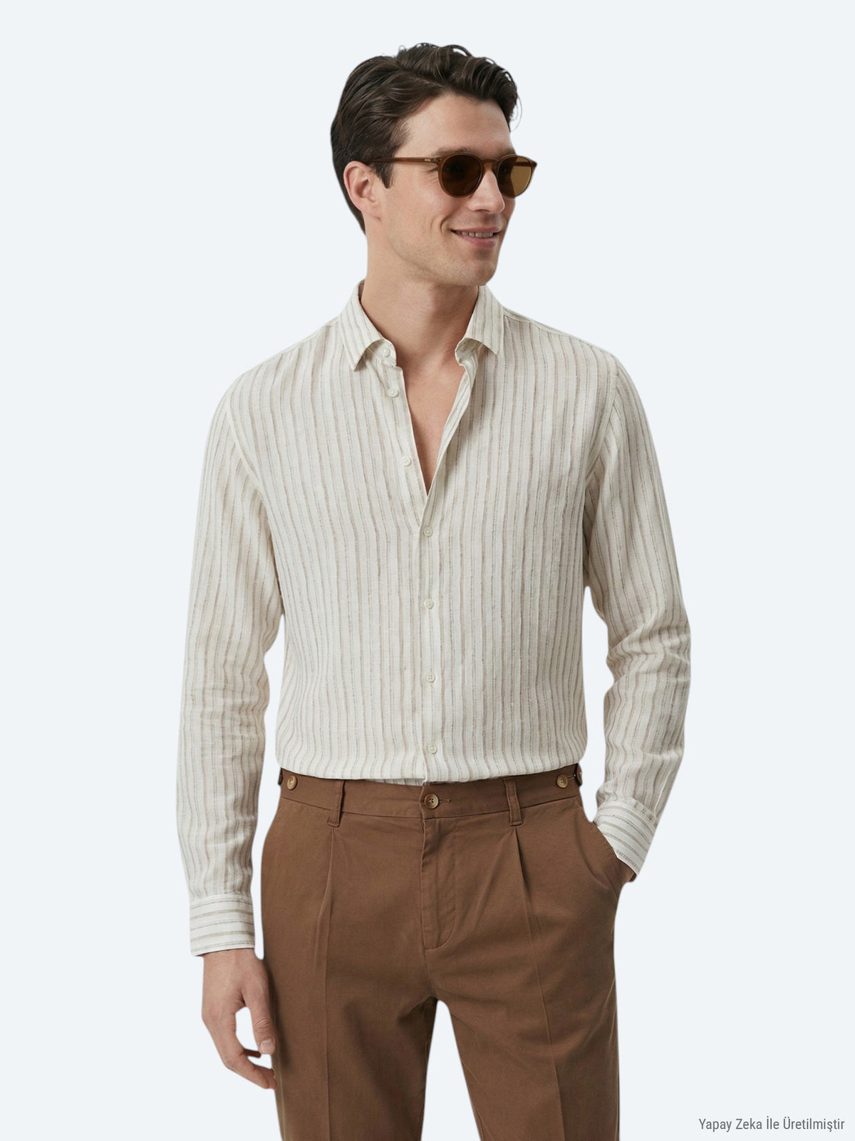 Bej Baskılı Regular Fit Uzun Dokuma Casual Gömlek