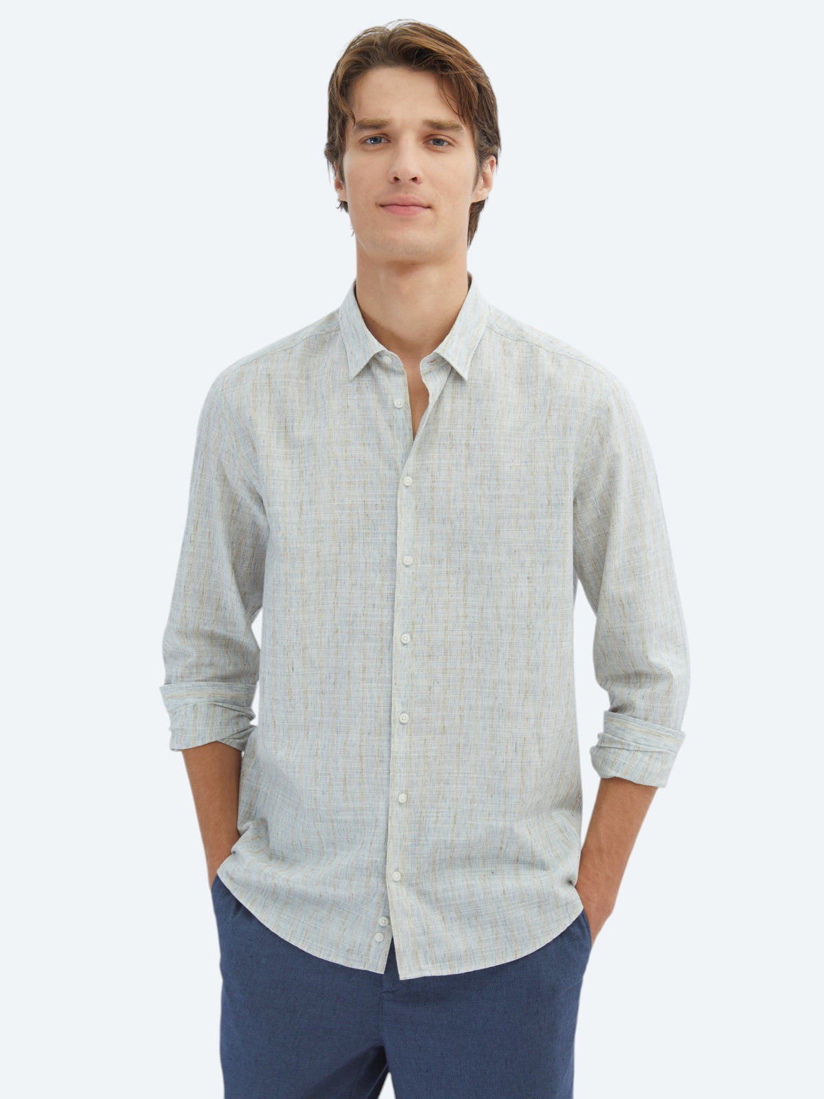 Mavi Çizgili Regular Fit Uzun Dokuma Casual Pamuk Karışımlı Gömlek