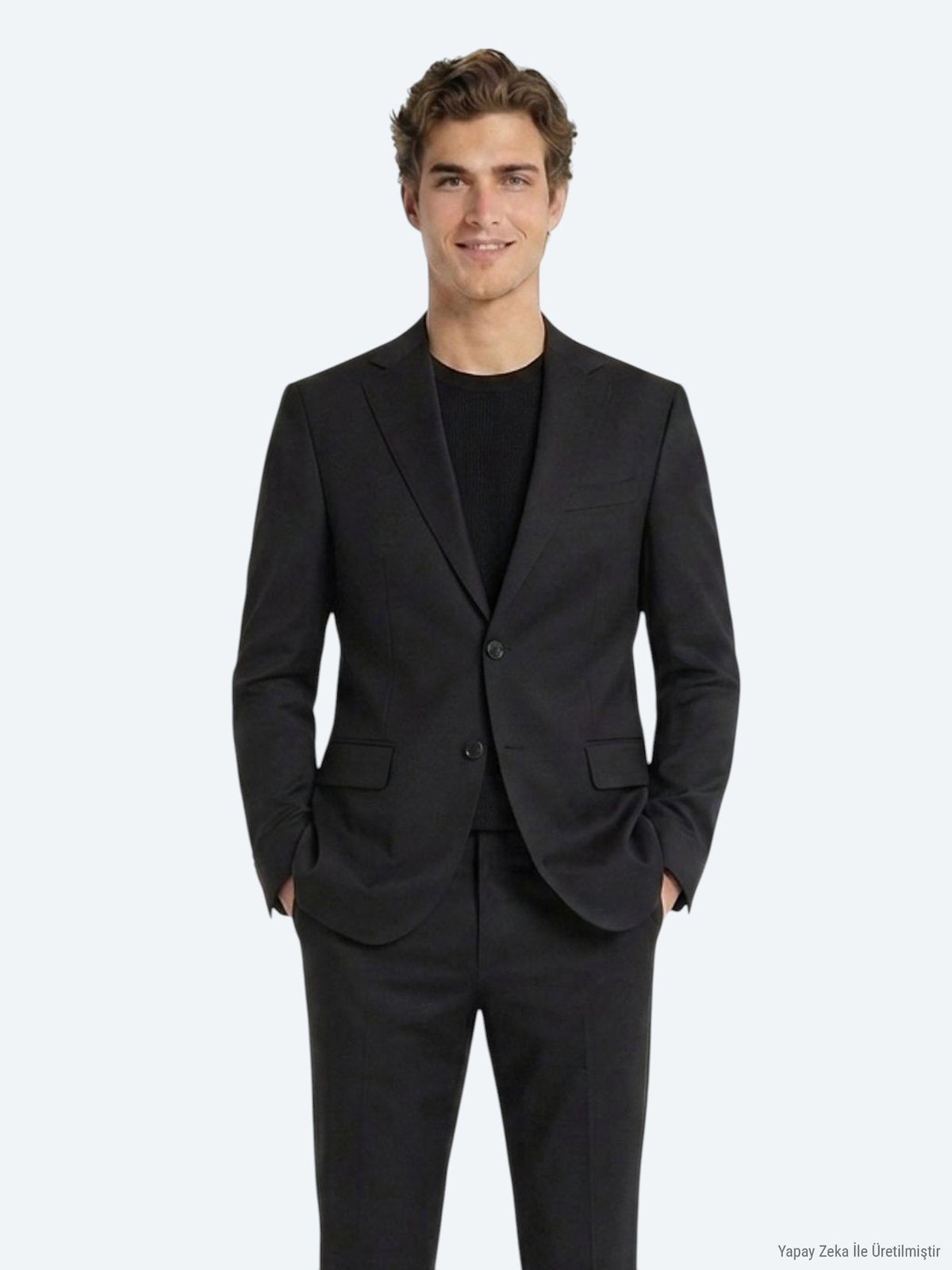 Siyah Düz Modern Fit Yün Karışımlı Takım Elbise