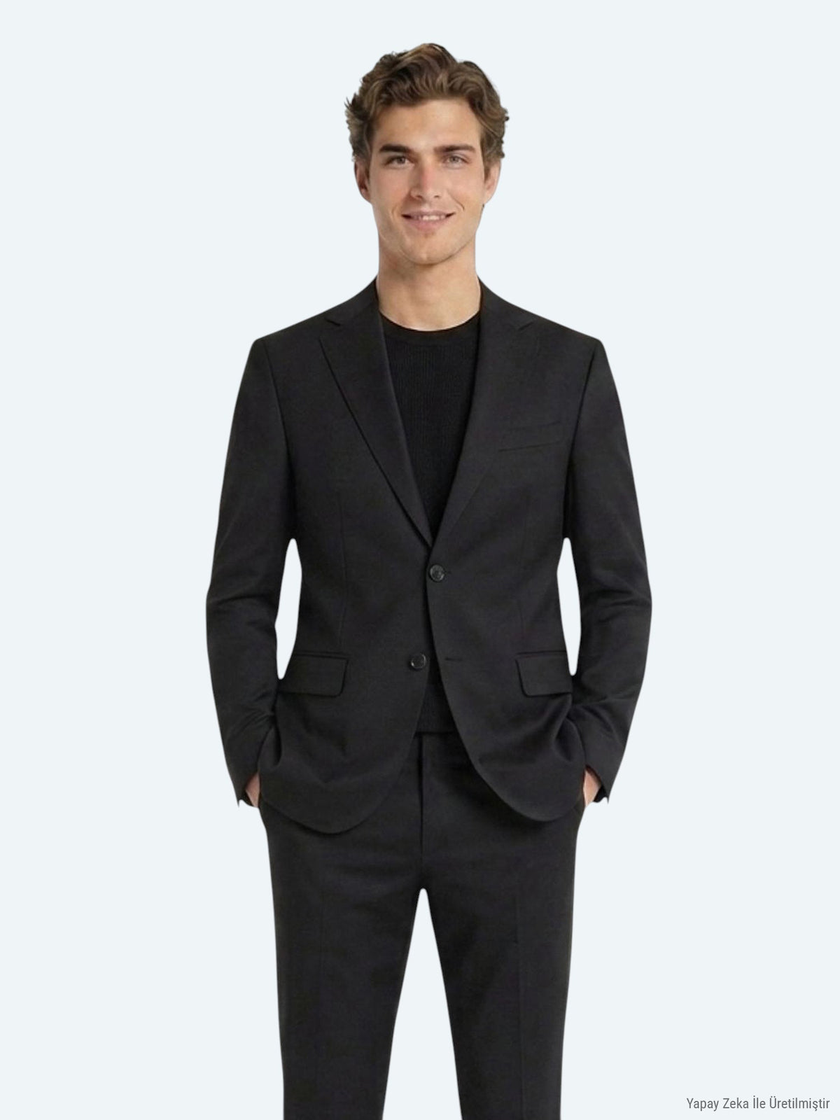 Siyah Düz Modern Fit Yün Karışımlı Takım Elbise