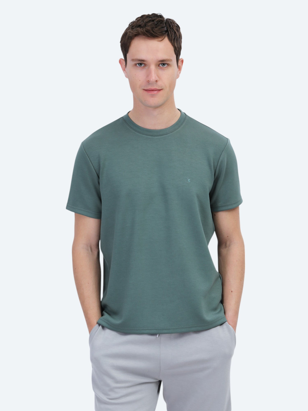 Yeşil Düz Bisiklet Yaka T-Shirt