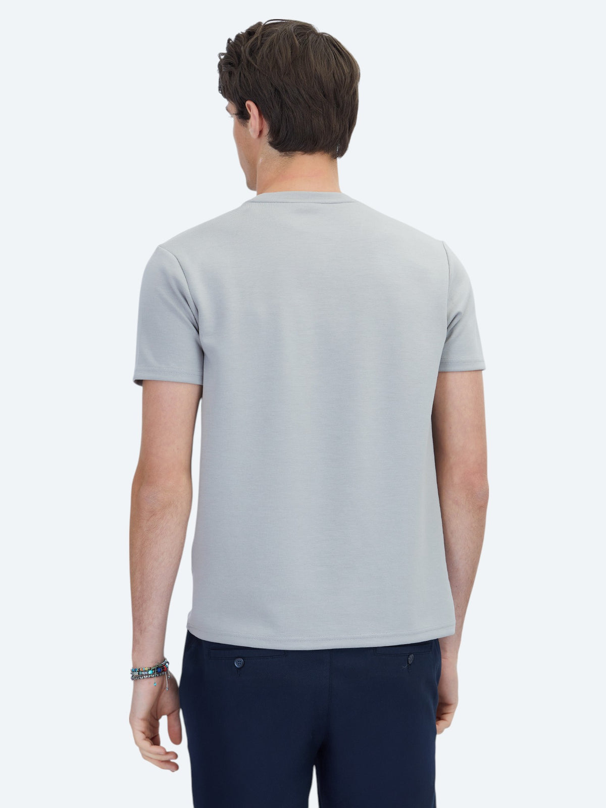 Gri Düz Bisiklet Yaka T-Shirt