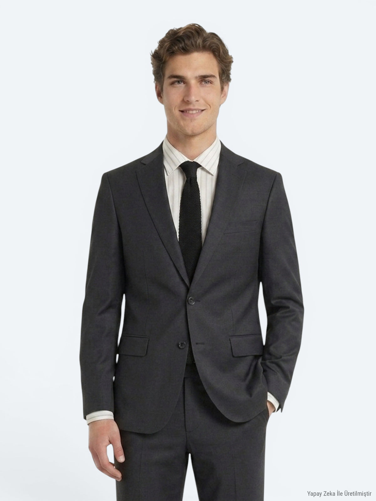 Antrasit Düz Slim Fit Yün Karışımlı Takım Elbise