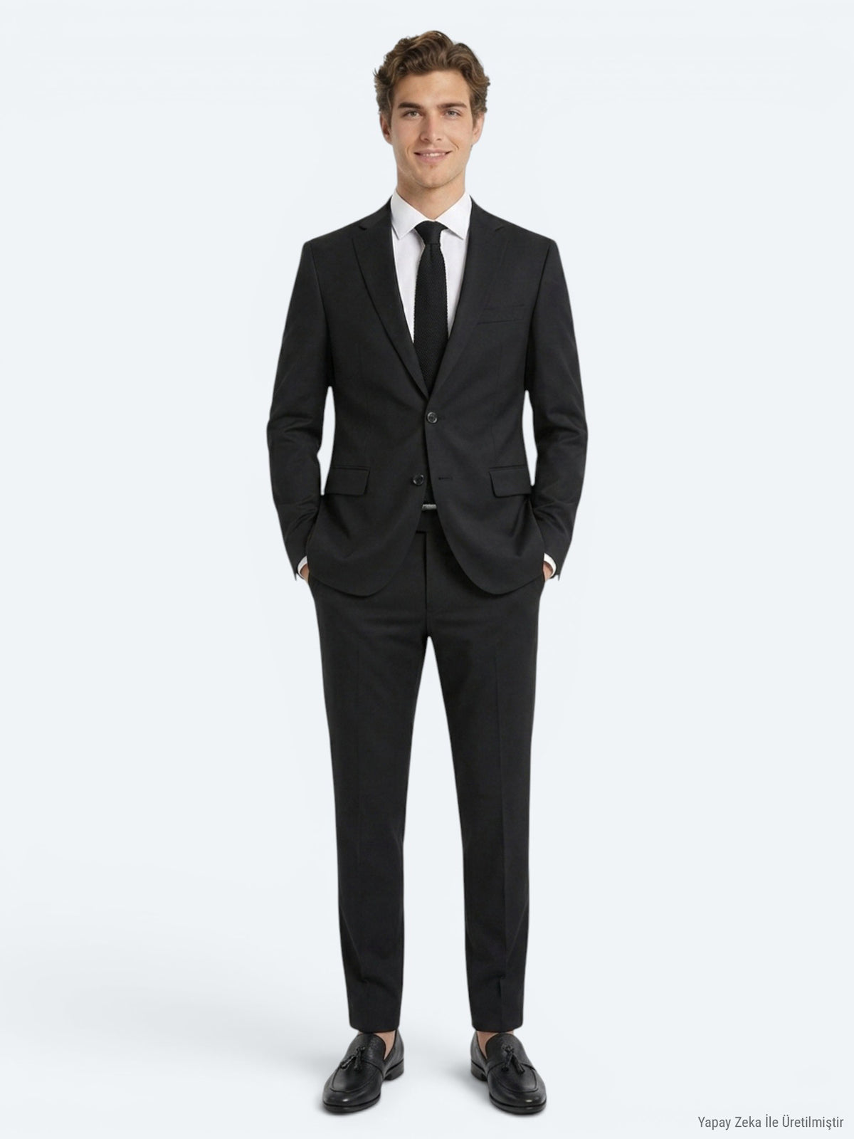 Siyah Düz Slim Fit Yün Karışımlı Takım Elbise