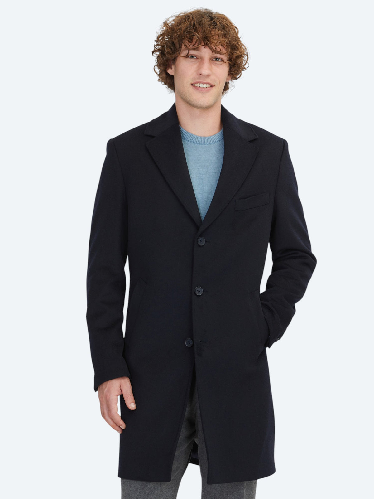 Lacivert Regular Fit Kelebek Yaka Dokuma Palto