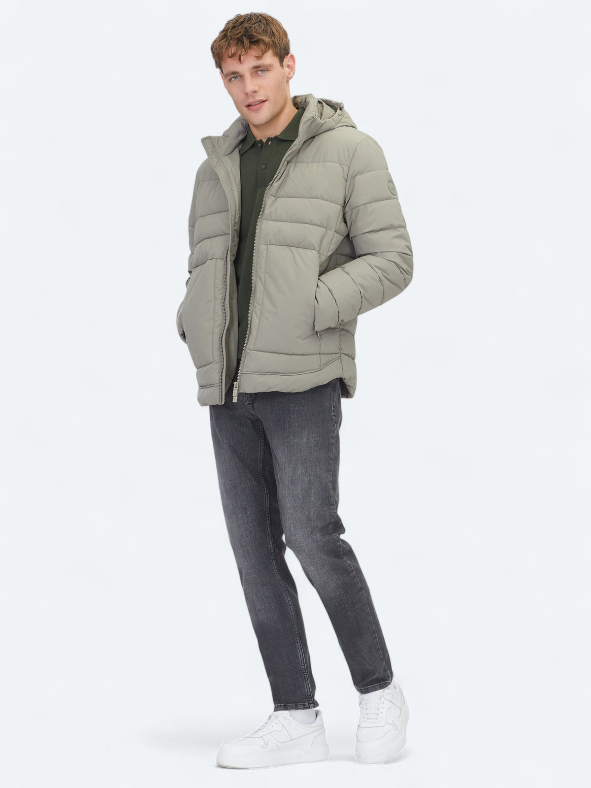Haki Regular Fit Kapüşonlu Casual Dokuma Mont