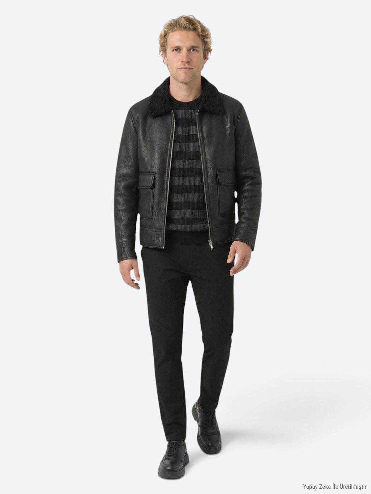 Siyah Regular Fit Gömlek Yaka Casual Dokuma Mont