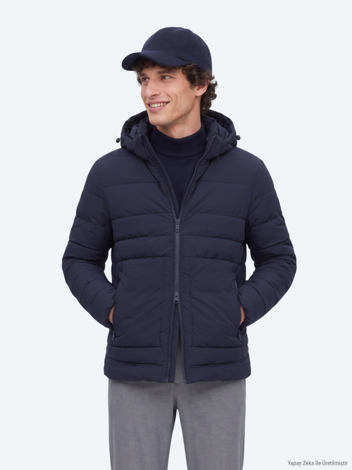Lacivert Regular Fit Kapüşonlu Dokuma Mont