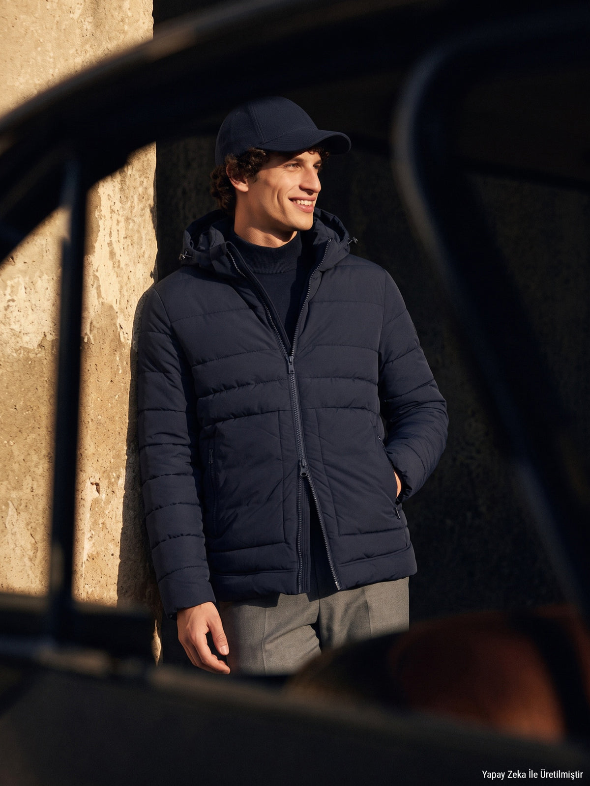 Lacivert Regular Fit Kapüşonlu Dokuma Mont