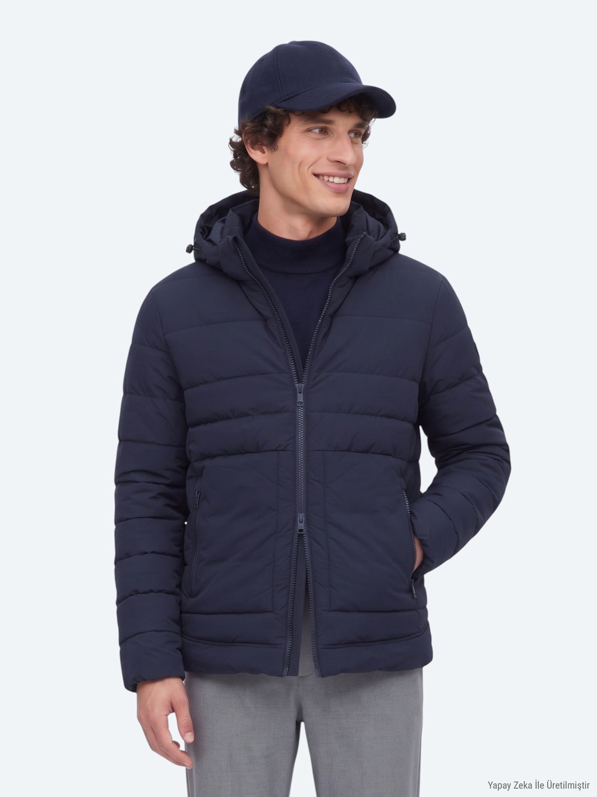 Lacivert Regular Fit Kapüşonlu Dokuma Mont