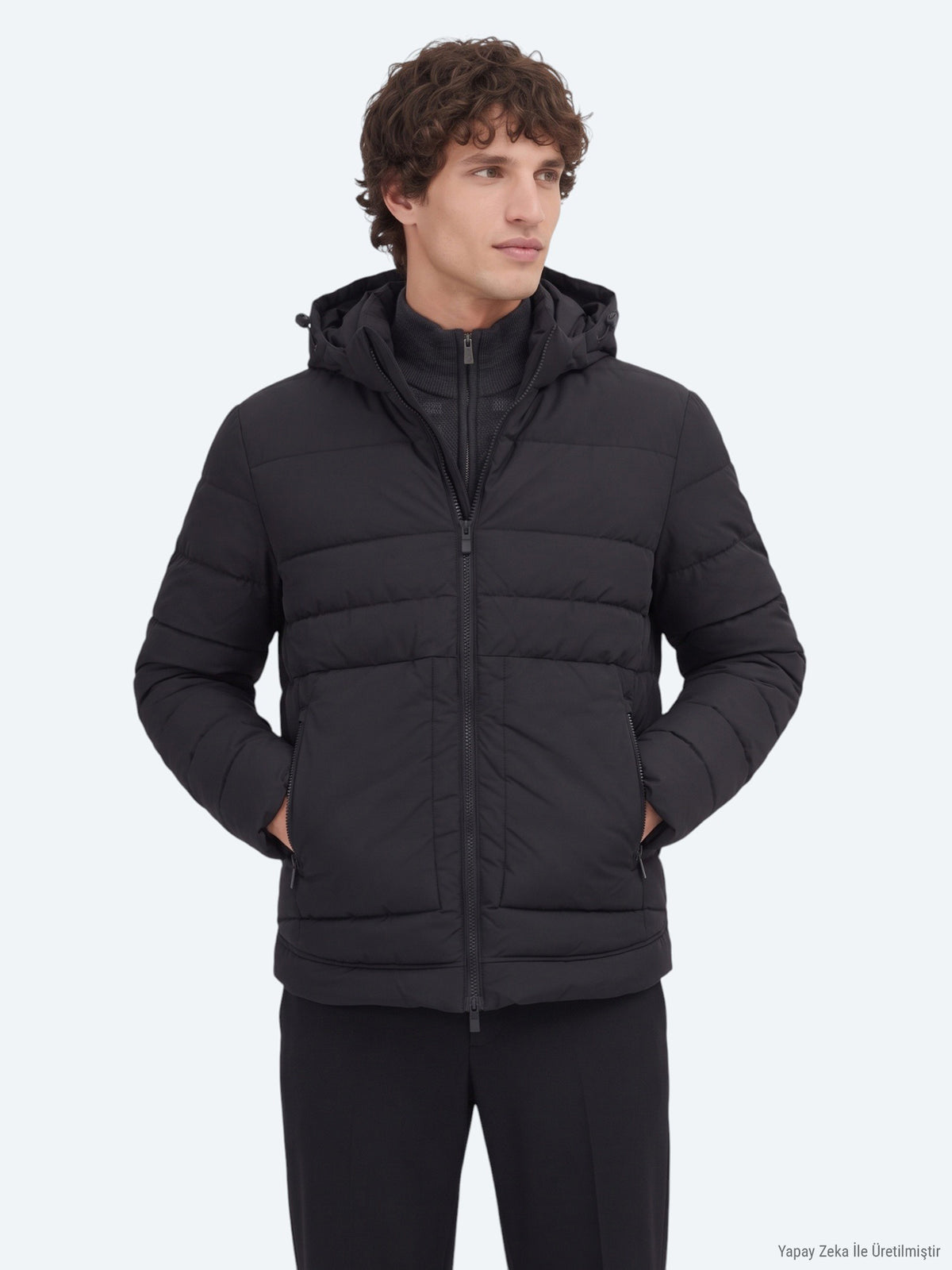 Siyah Regular Fit Kapüşonlu Dokuma Mont