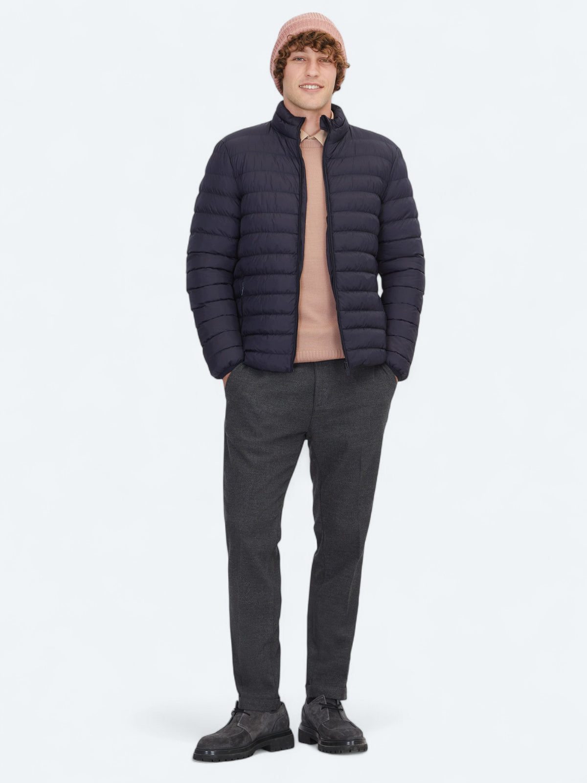 Lacivert Regular Fit Dik Yaka Casual Dokuma Mont