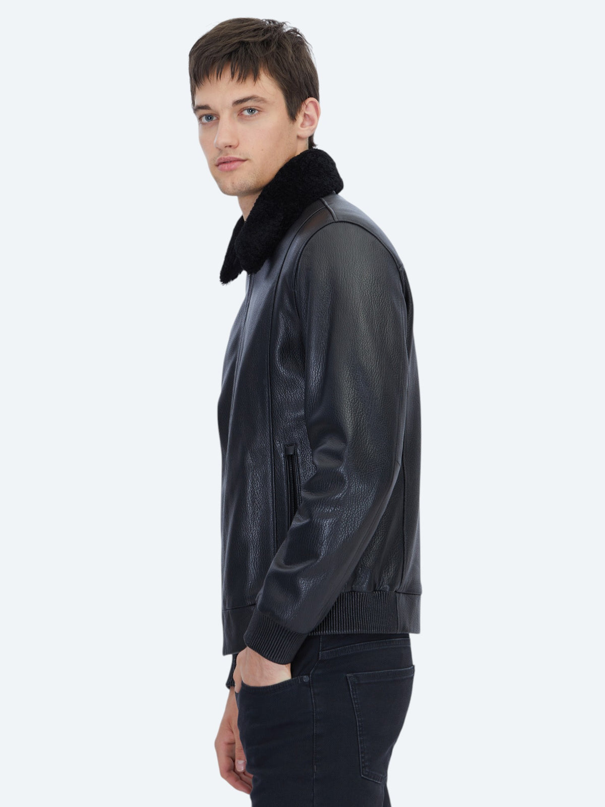 Siyah Regular Fit Gömlek Yaka Casual Koyun Derisi Deri Mont
