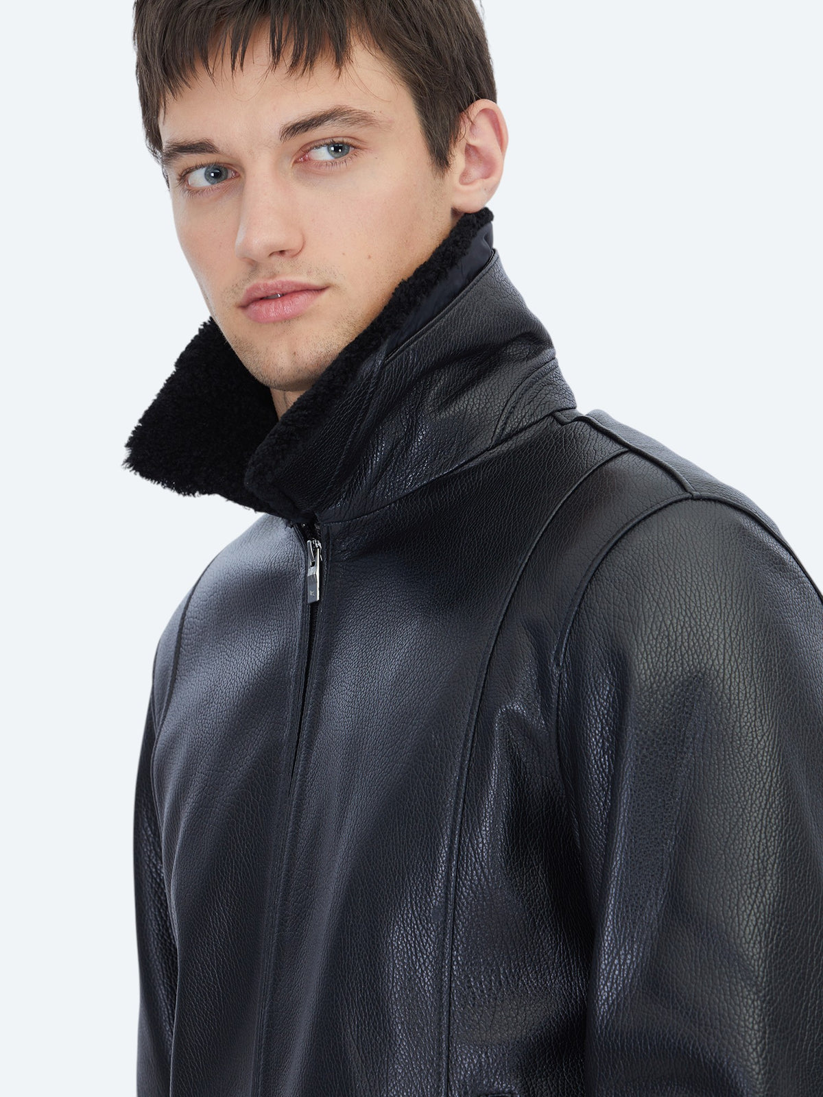 Siyah Regular Fit Gömlek Yaka Casual Koyun Derisi Deri Mont