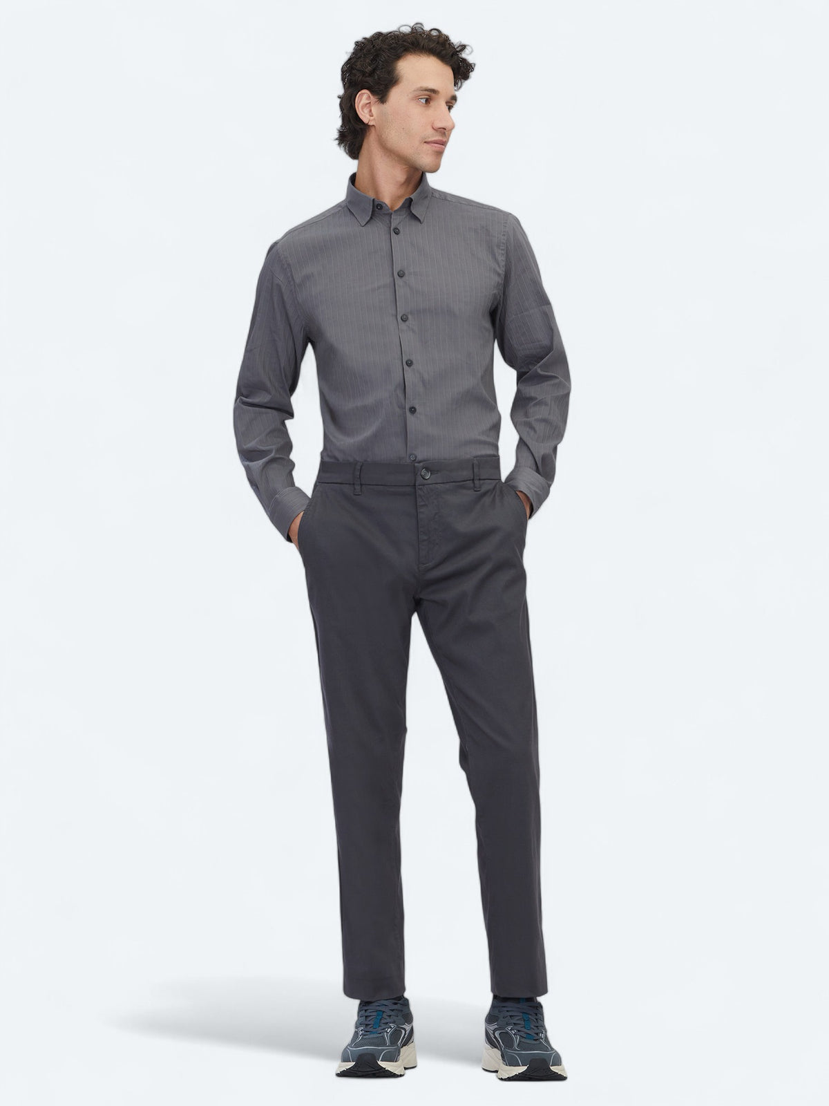 Gri Düz Dokuma Regular Fit Casual Pamuk Karışımlı Pantolon