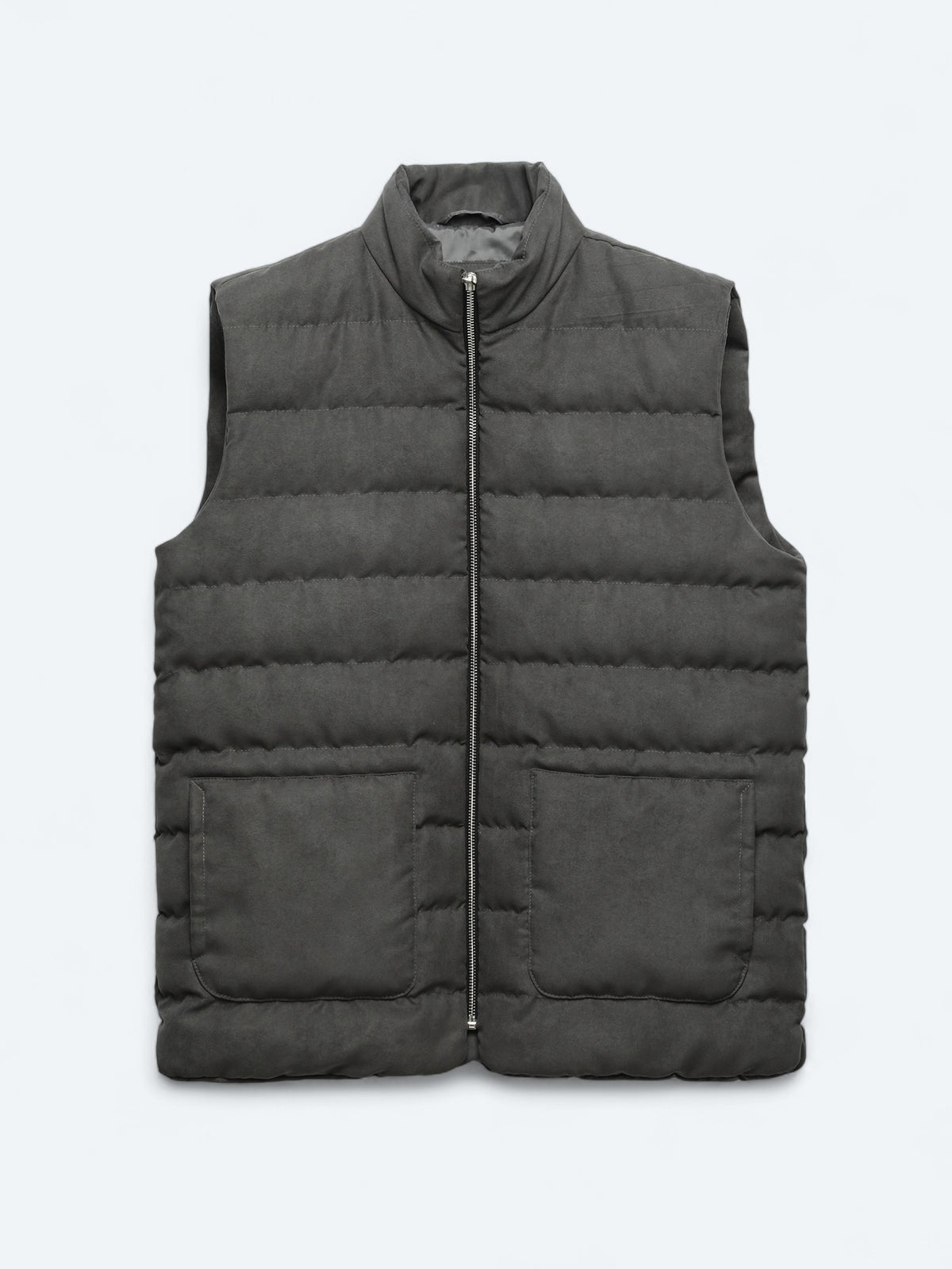 Gri Regular Fit Dik Yaka Casual Dokuma Spor Yelek