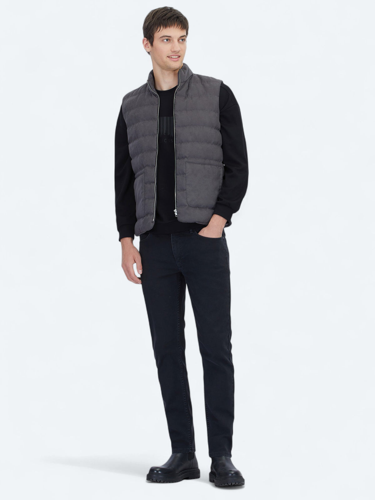 Gri Regular Fit Dik Yaka Casual Dokuma Spor Yelek