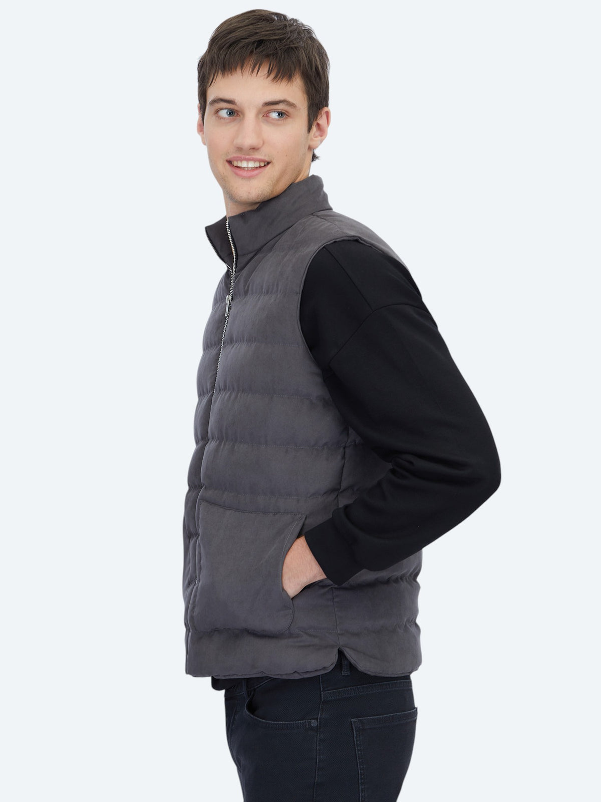 Gri Regular Fit Dik Yaka Casual Dokuma Spor Yelek