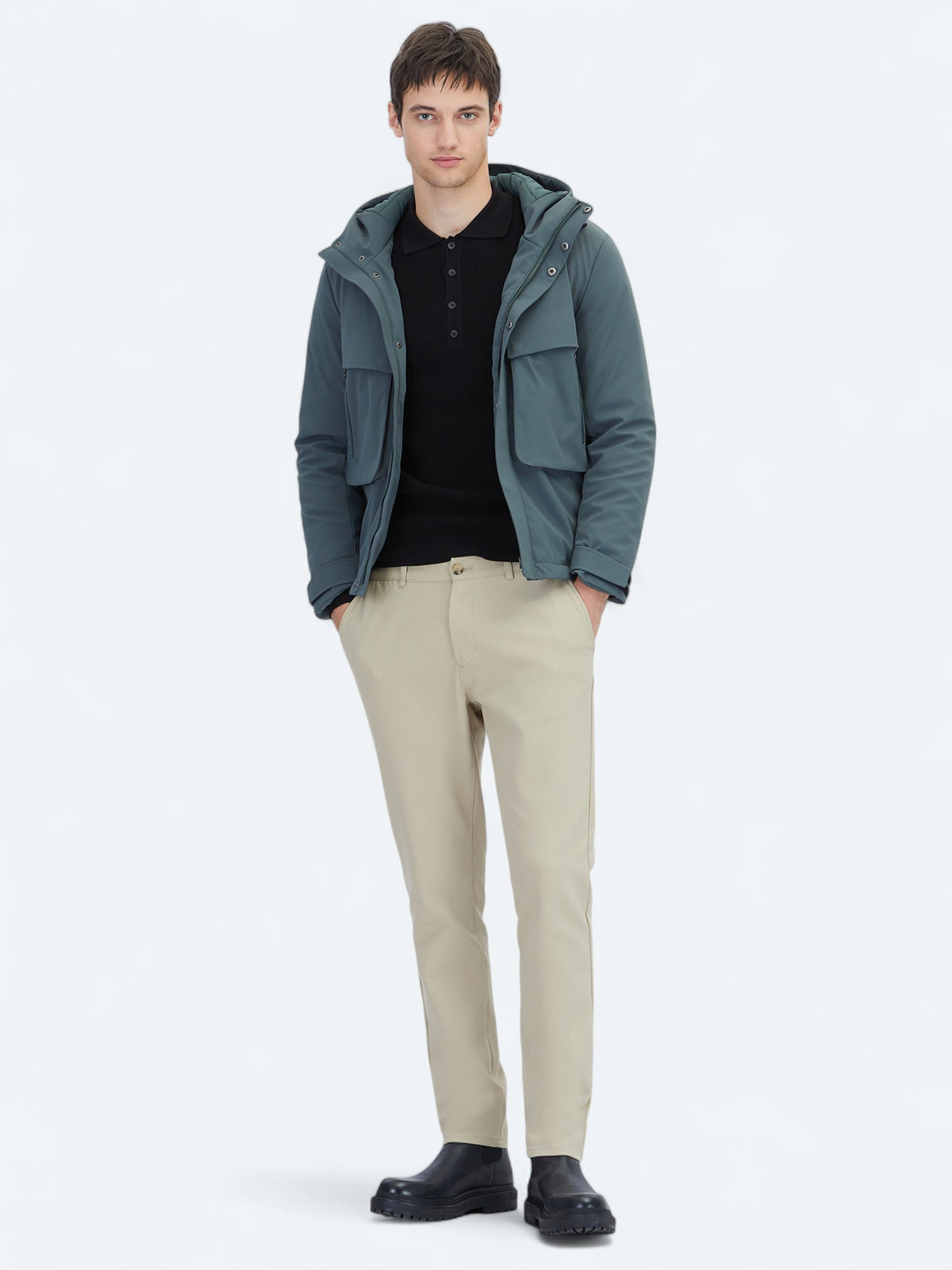 Haki Regular Fit Kapüşonlu Casual Dokuma Mont